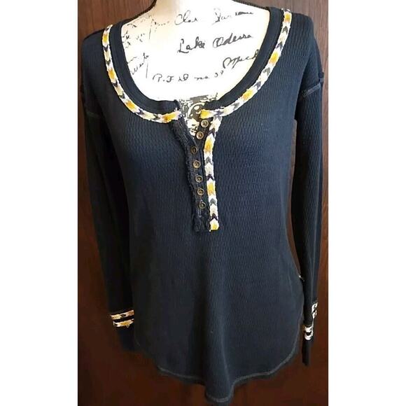 We The Free People Black Embroidered Waffle Thermal Henley Top Small Boho Aztec - Picture 1 of 7